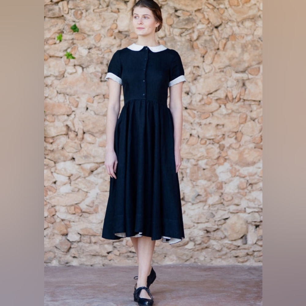 Black Son de Flor dress with white collar in size medium! 🖤🤍 100% Linen - Picture 5 of 6